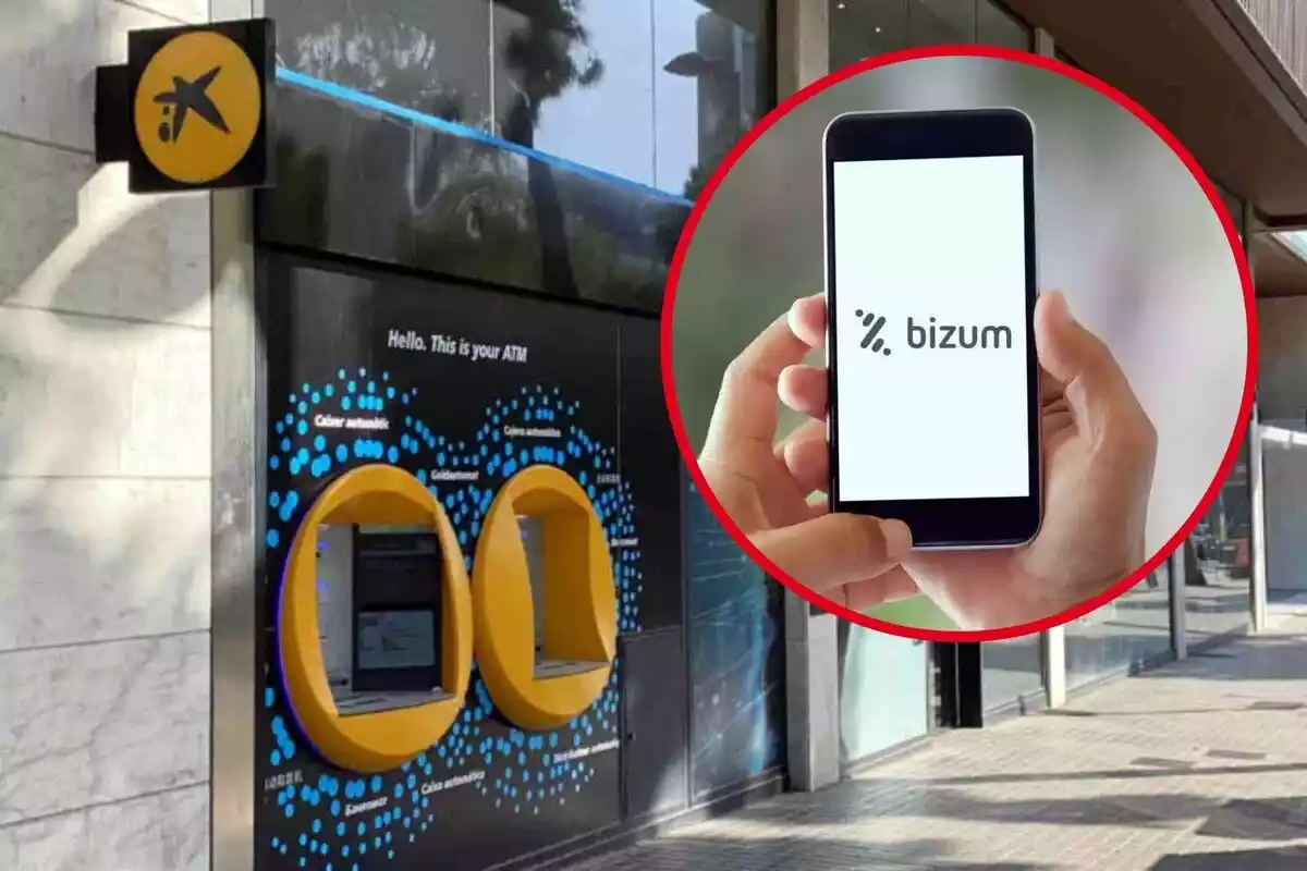 Montaje de fotos de un cajero del banco CaixaBank y un teléfono móvil con el Bizum abierto