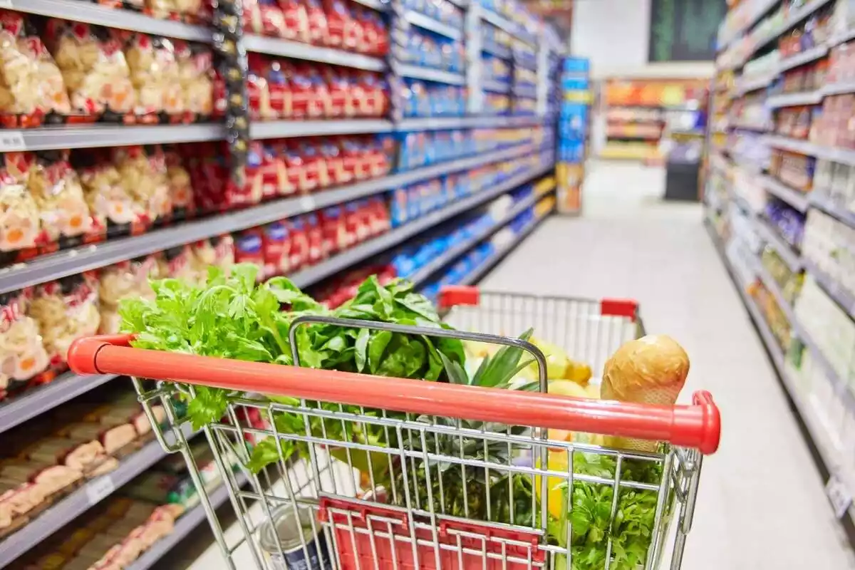 Carro de la compra lleno de pan y verduras en el pasillo de un supermercado