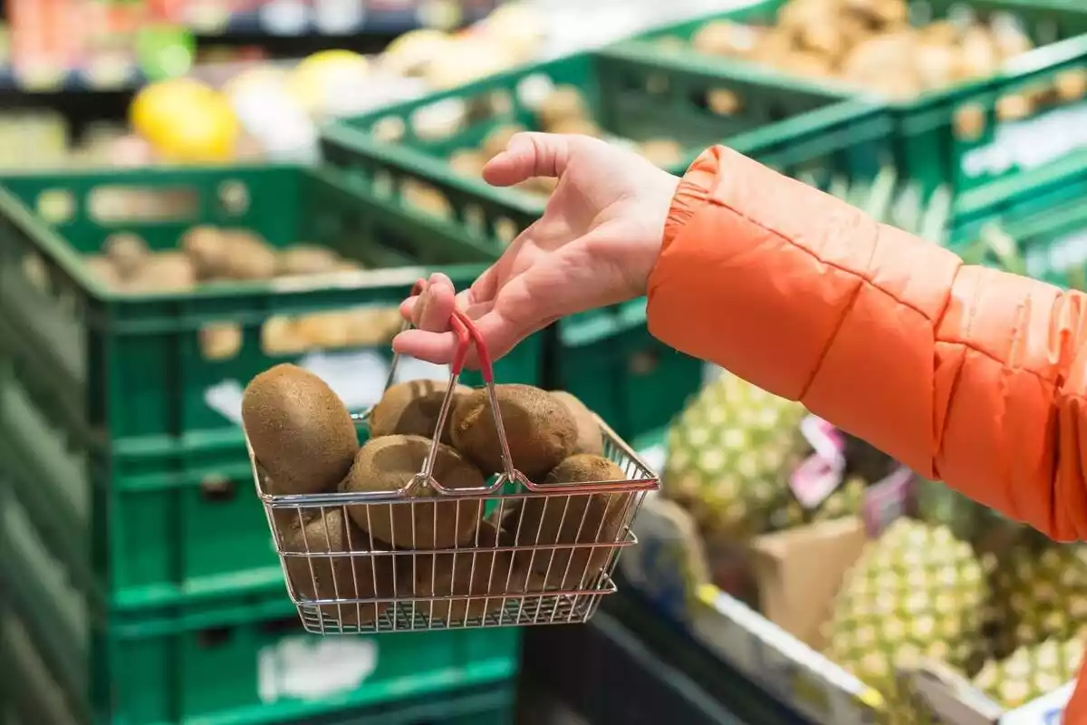 Cesta pequeña llena de kiwis en un supermercado