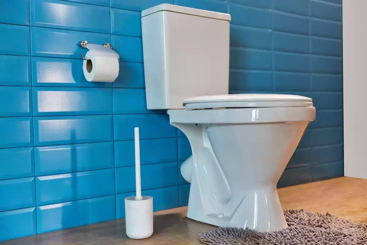Una taza de baño de mármol blanco con una pared de ladrillos azules detrás