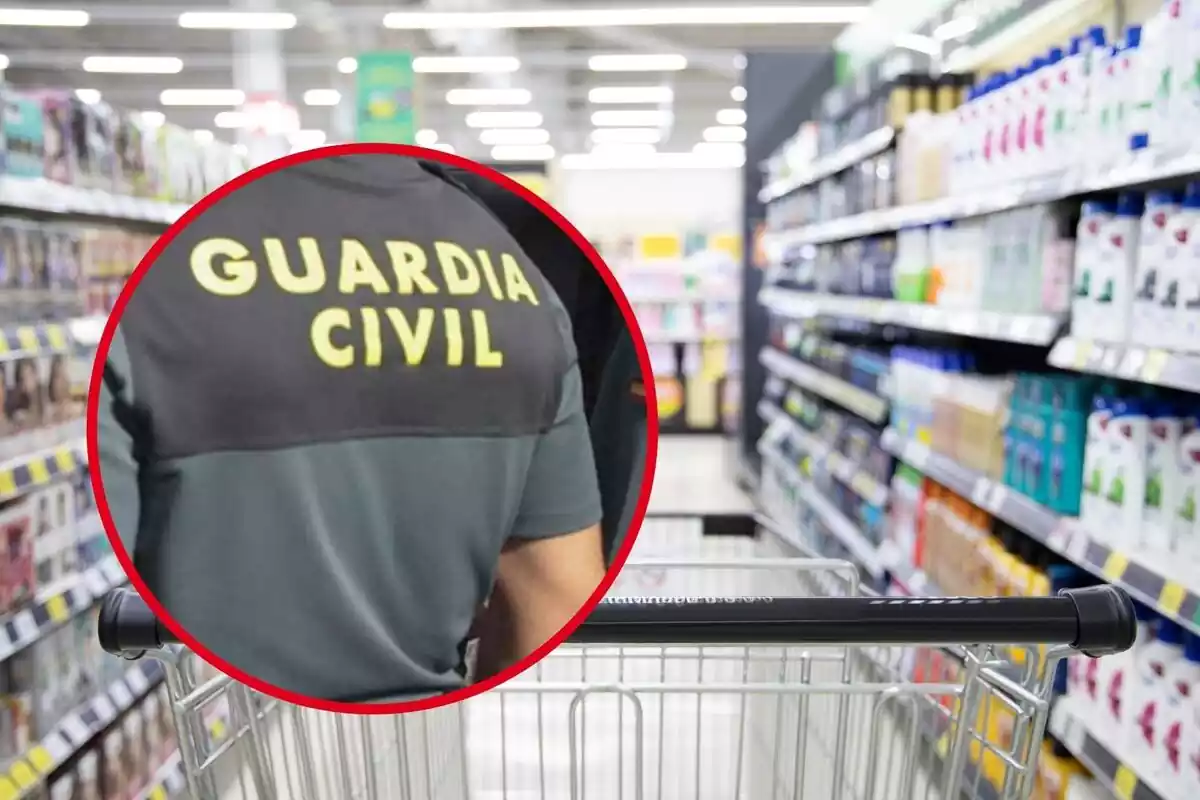 Montaje en el que aparece una foto de la guardia civil y el pasillo de cosméticos de un supermercado