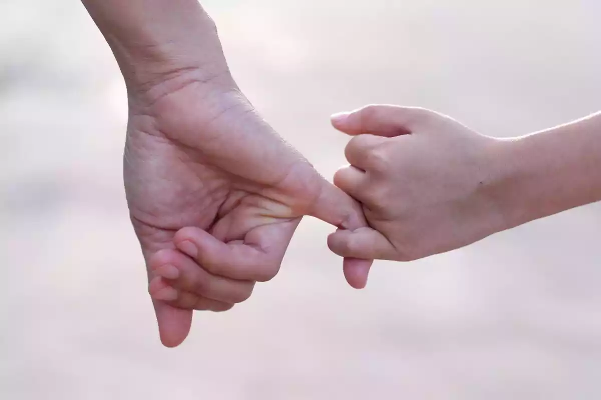 Dos manos entrelazadas por un dedo
