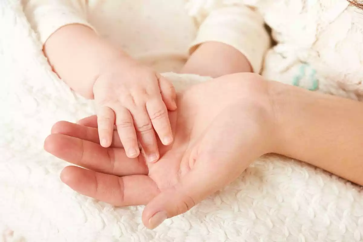 La mano de un bebé sobre la mano de su madre