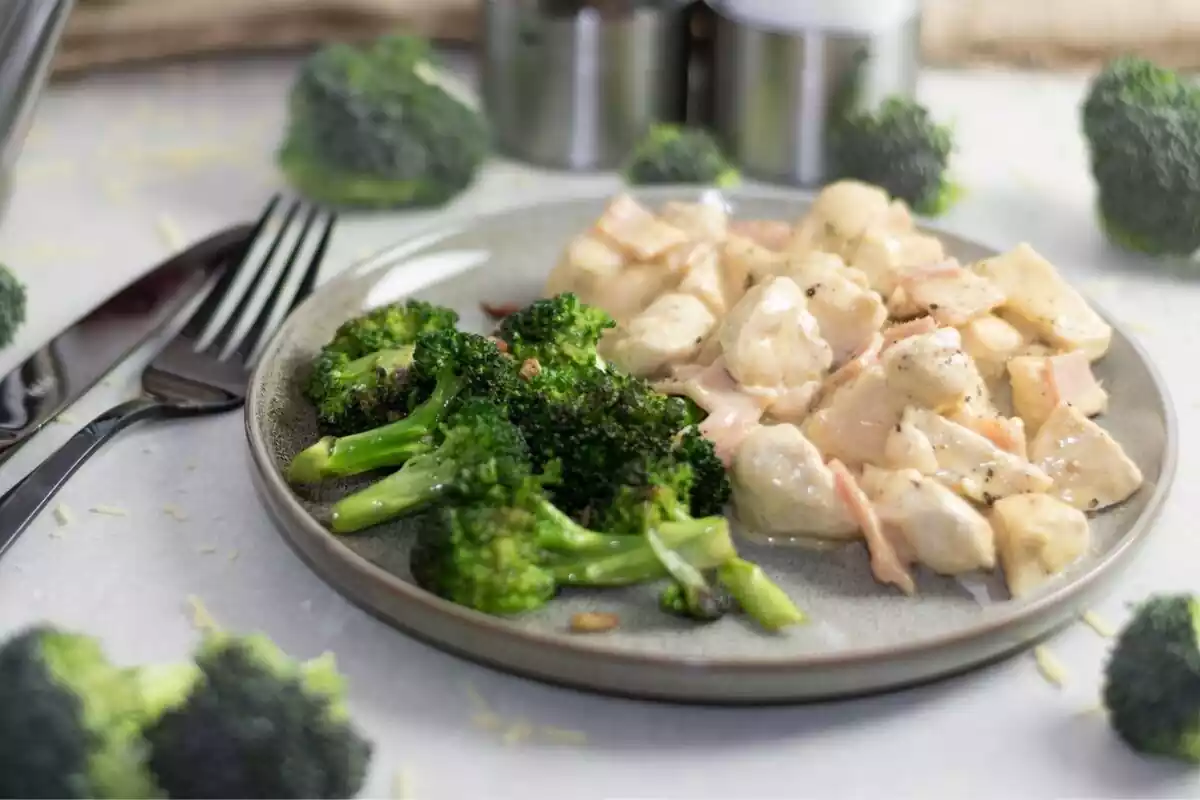 Un plato de pollo y brócoli con un tenedor al lado