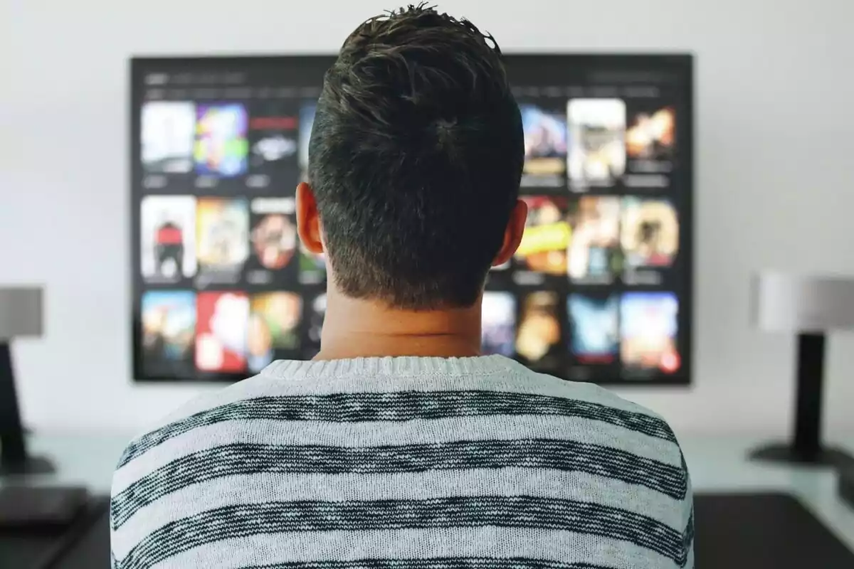 Plano de la espalda de un hombre mirando un catálogo de películas o series