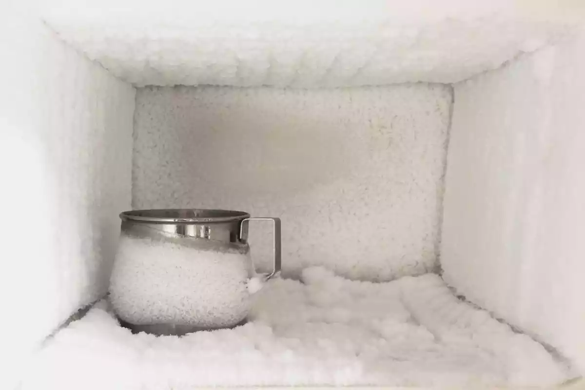 Interior de un congelador con enormes placas de hielo