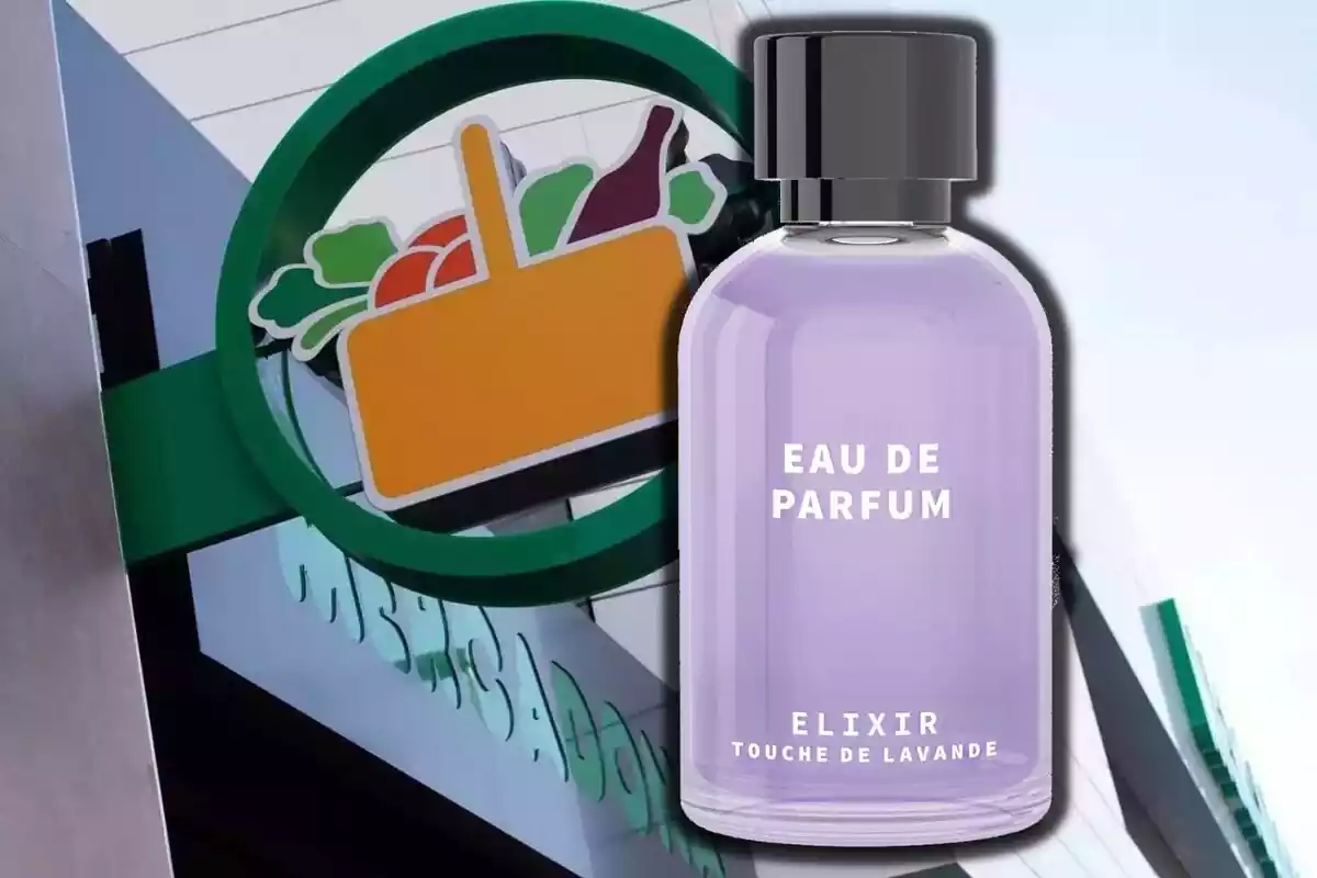 Perfume de Mercadona de lavanda en un montaje con el logo del supermercado
