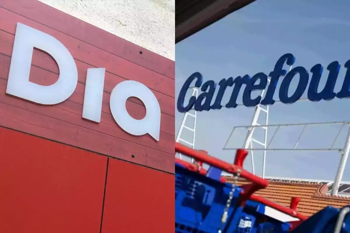 Montaje con dos imágenes de los exteriores de una tienda Dia y un hipermercado Carrefour