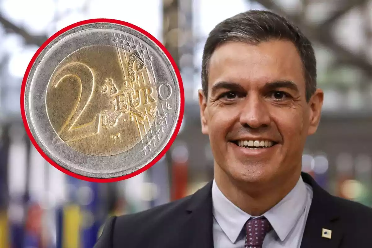 El presidente del Gobierno, Pedro Sánchez y una moneda de dos euros