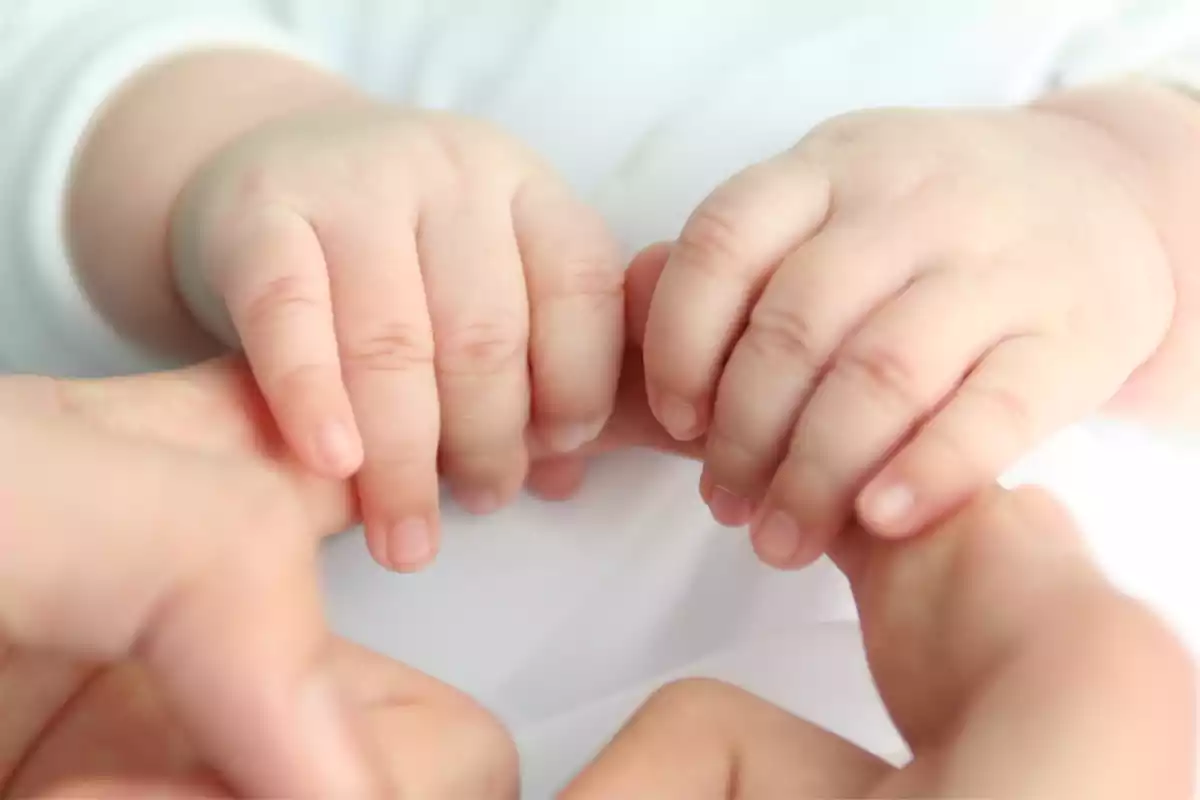 Persona agarrando las manitas de un recién nacido con sus dedos índices