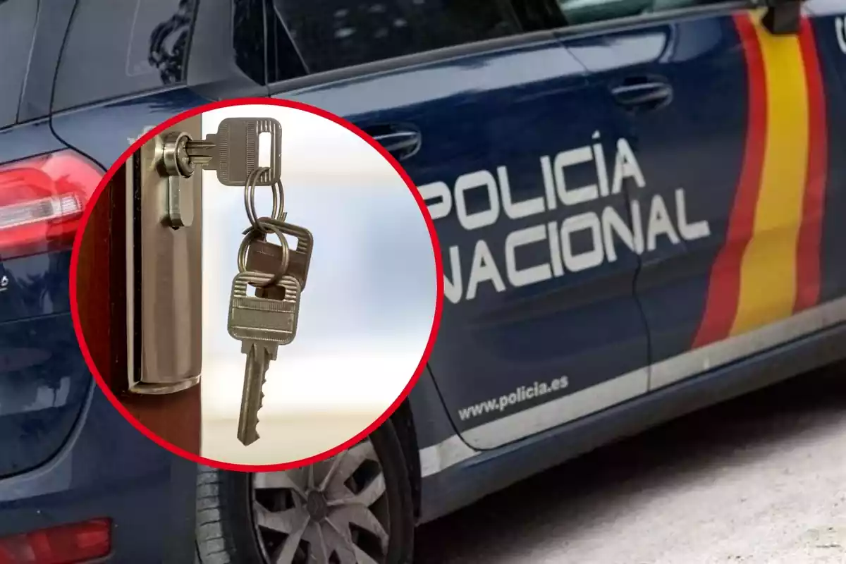 Montaje con una imagen de un coche de la Policía Nacional y unas llaves colgando de una puerta