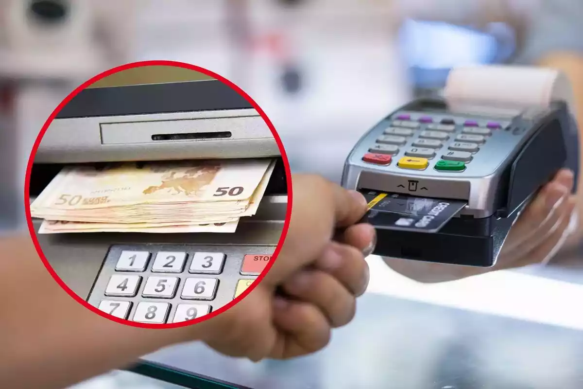 Montaje con una imagen de una persona usando una tarjeta de crédito y un círculo con billetes de 50 euros en un cajero automático