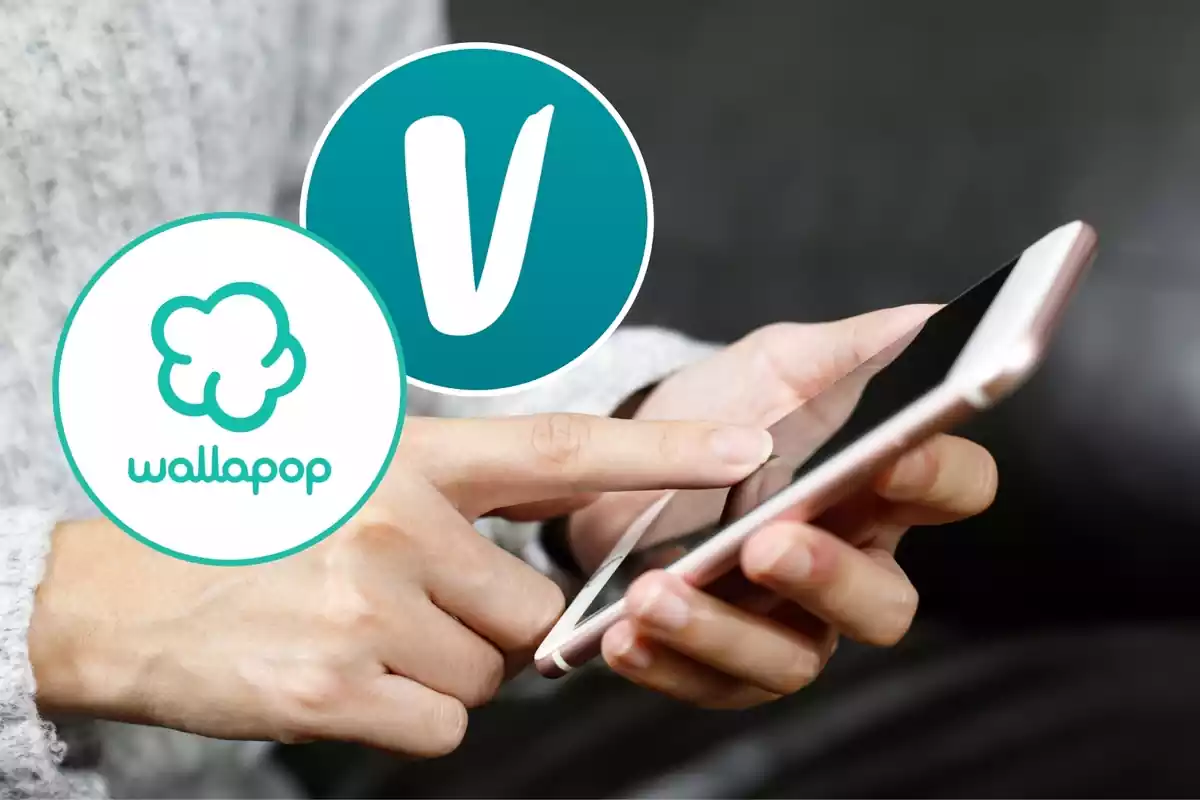 Montaje con una imagen de una persona utilizando un móvil y los logotipos de las aplicaciones Wallapop y Vinted