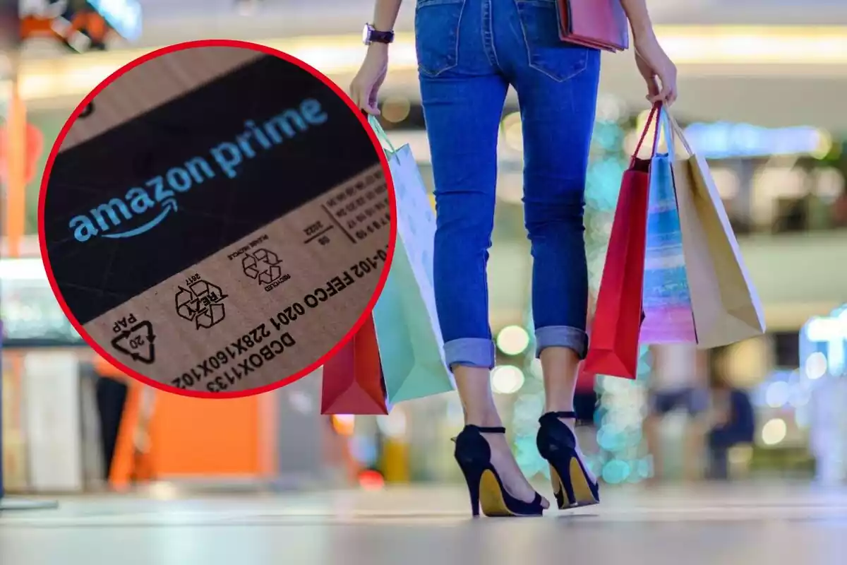 Montaje de fotos de un paquete de Amazon Prime y las piernas de una mujer andando por un centro comercial sujetando varias bolsas