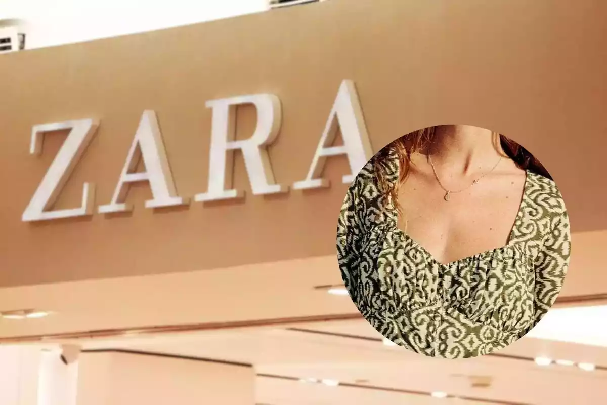 Montaje con una imagen de fondo de una tienda Zara y otra imagen de la parte superior de un vestido boho de Zara