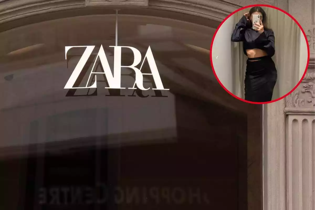 Tienda Zara y primer plano del vestido satinado de aberturas negro