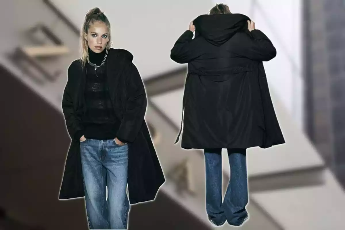 Modelo con abrigo negro acolchado de Zara