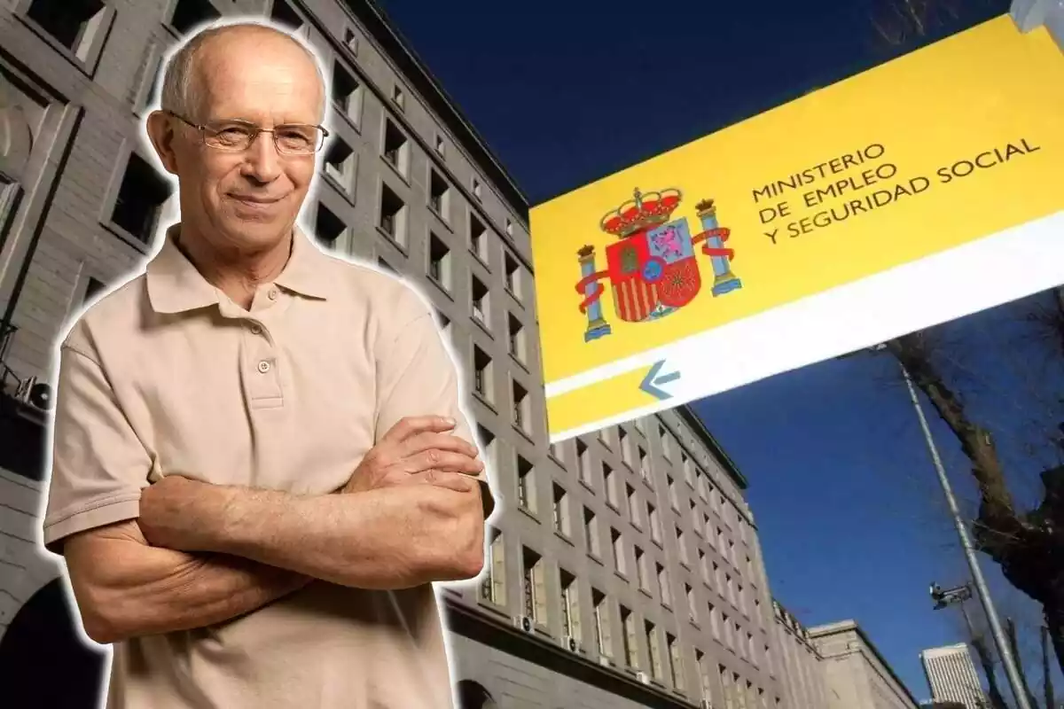 Montaje de un señor con los brazos cruzados y la imagen con el logo del Ministerio de Empleo y Seguridad Social