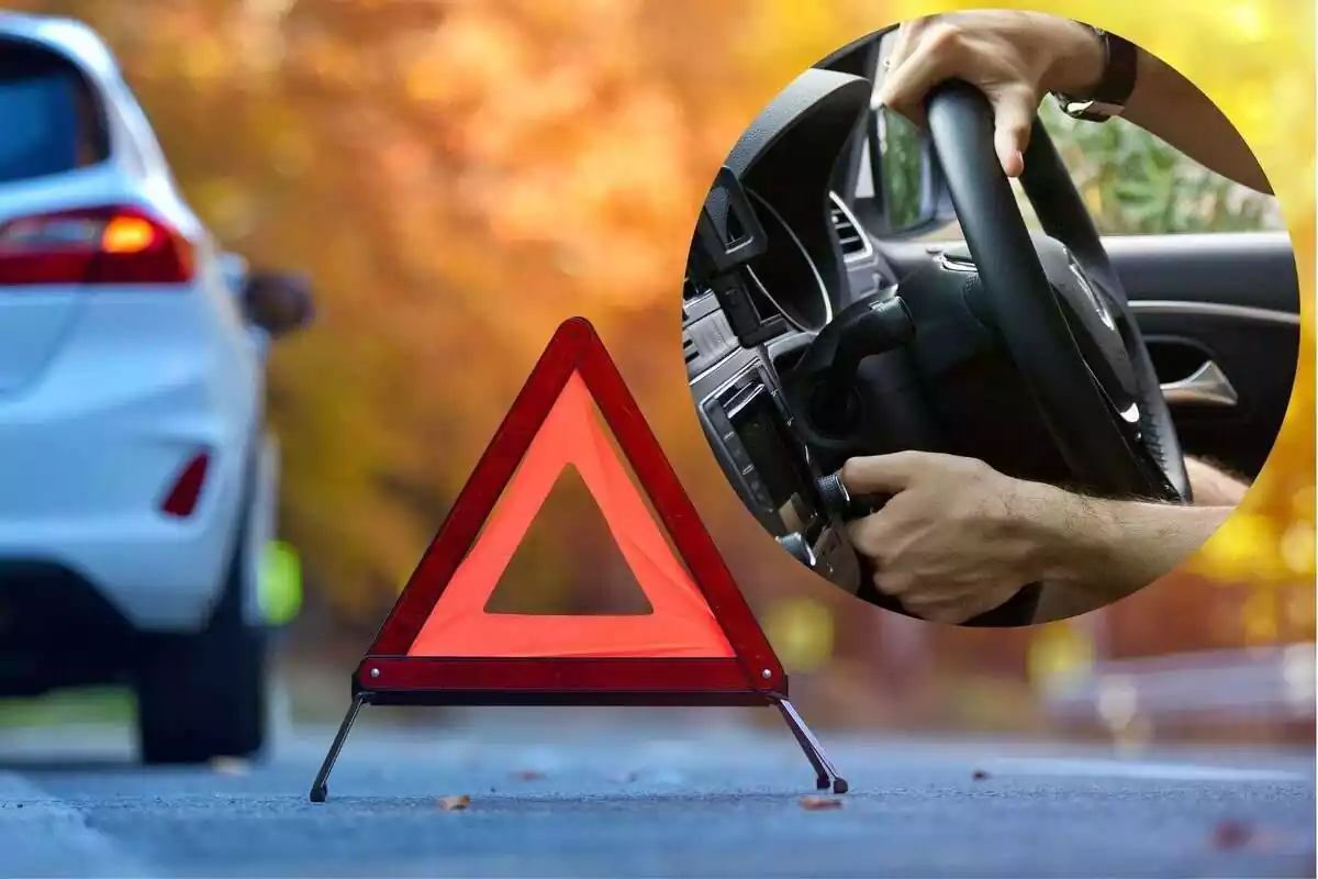Una imagen de un coche parado en la carretera con un triangulo de señalización colocado en el suelo y otra imagen de las manos de una persona al volante de un coche y tocando un botón de la radio