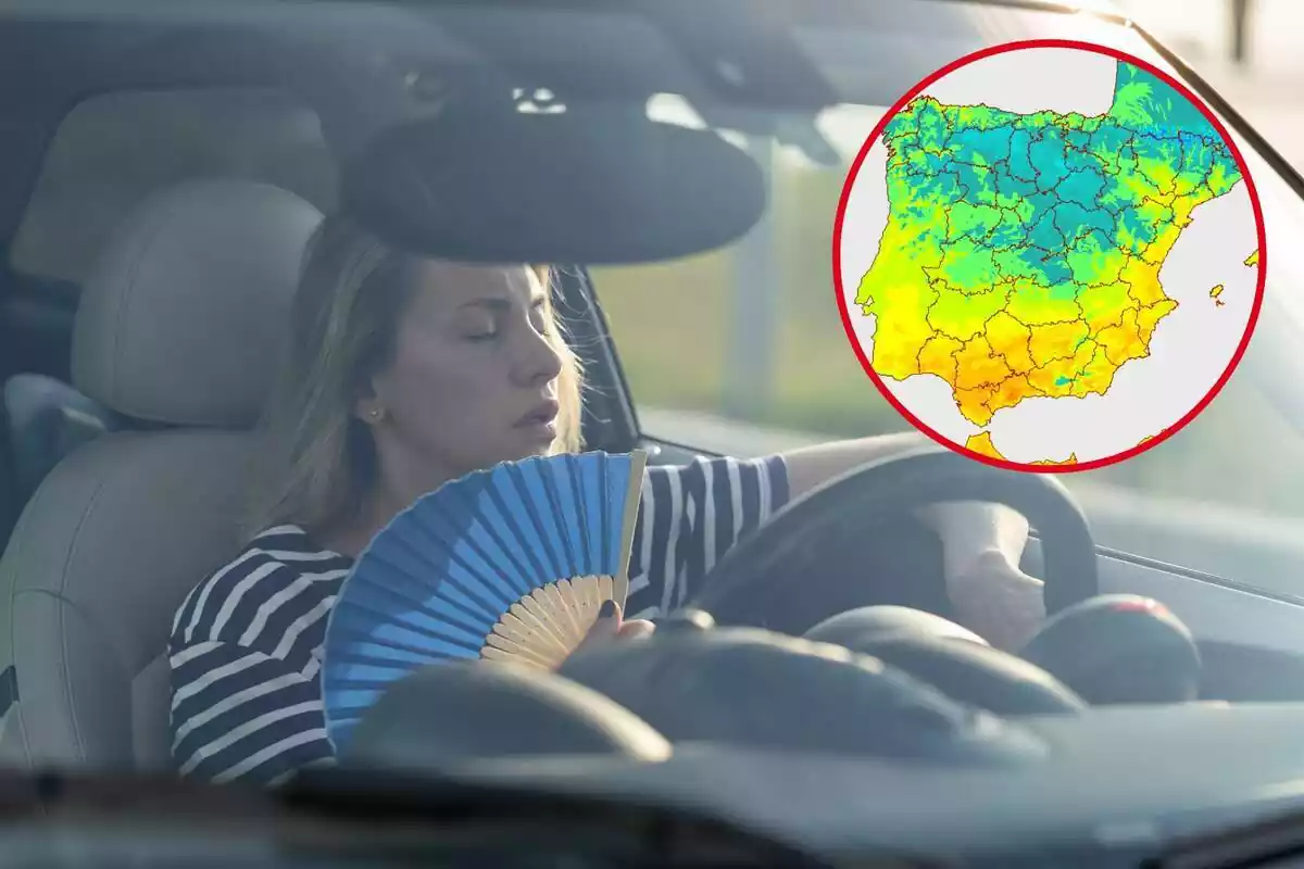 Imagen de una persona de fondo con un abanico dentro de un coche y otra de un mapa de la AEMET de la península ibérica marcado en colores según las distintas temperaturas
