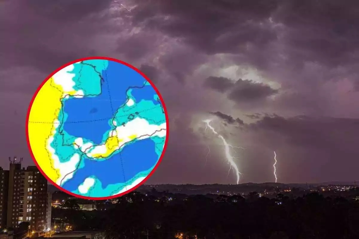 Montaje de una imagen de fondo con rayos por tormenta y una redonda con un mapa meteorológico de España