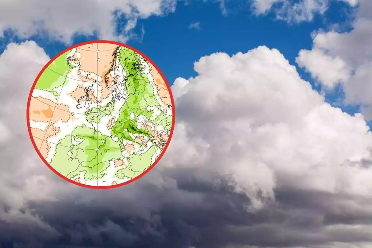 Montaje de un fondo cielo nublado y una redonda con un mapa meteorológico de España