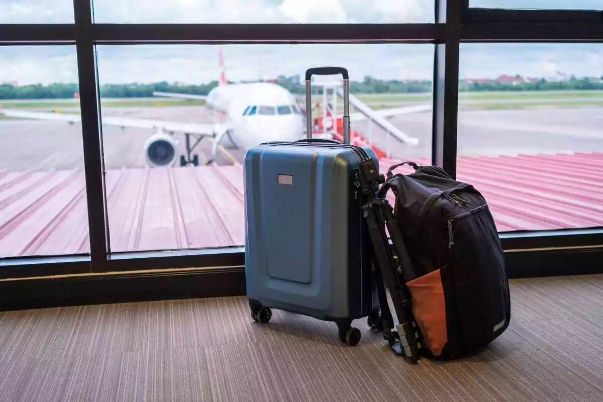 Maletas delante de la ventana de un aeropuerto donde se ve un avión aparcado