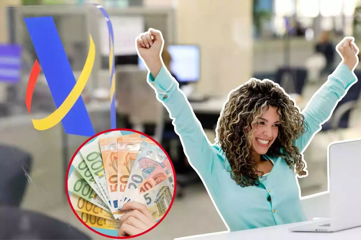 Montaje con una imagen de fondo de la Agencia Tributaria y otra de una chica celebrando con un ordenador y otra imagen de varios billetes de euro