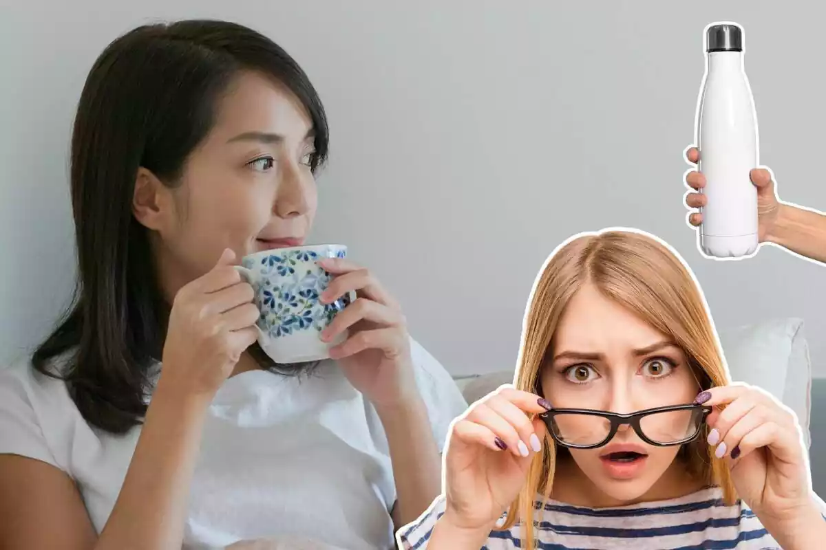 Imagen de fondo de una persona tomando algo en una taza y otra imagen de una mujer con gesto sorprendido y otra de un termo