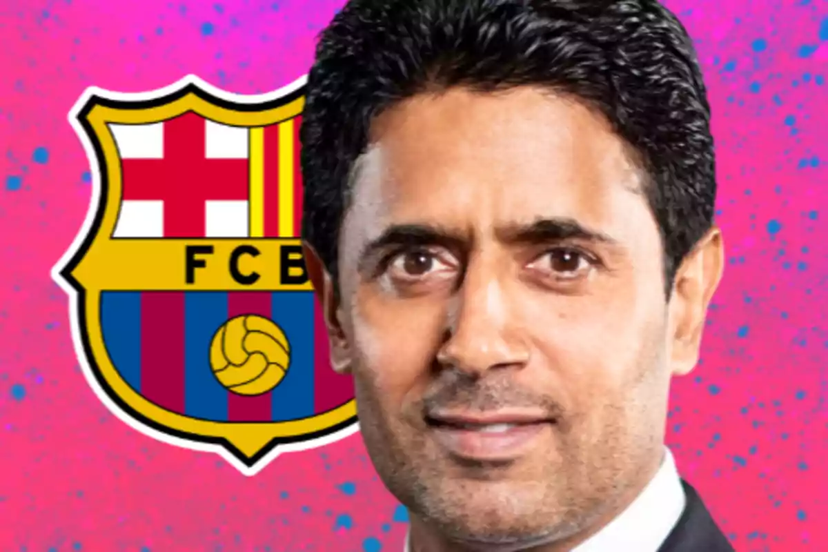 Un hombre de cabello oscuro frente al escudo del FC Barcelona sobre un fondo rosa con puntos azules. Un hombre de cabello oscuro frente al escudo del FC Barcelona sobre un fondo rosa con puntos azules.