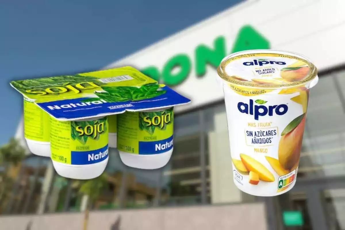 Yogur de soja natural Hacendado y yogur de soja sabor mango sin azúcares añadidos de Alpro
