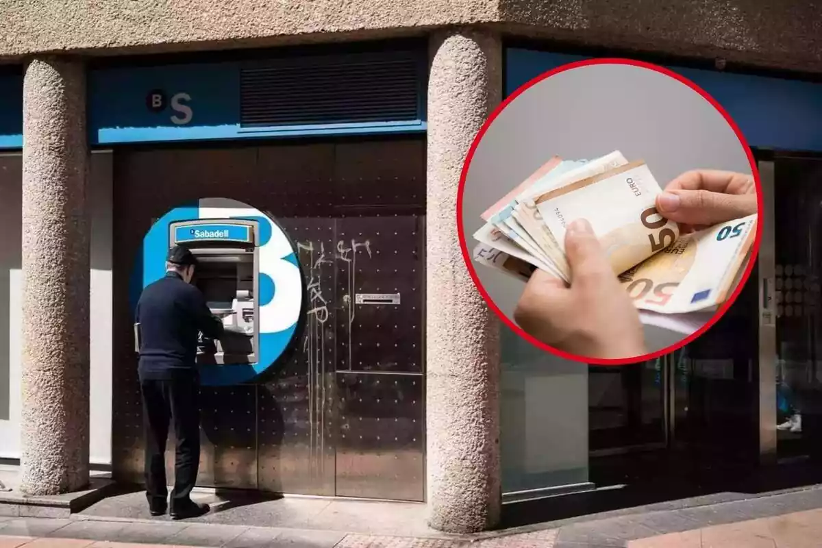 Hombre en un cajero del Banco Sabadell y círculo rojo con manos y billetes