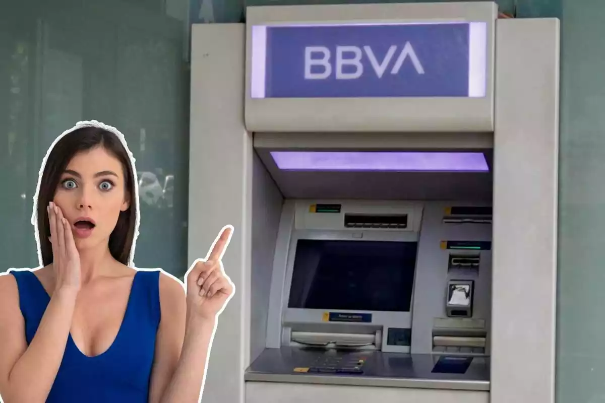 Imagen de fondo de un cajero de BBVA y otra imagen de una mujer con cara de sorpresa