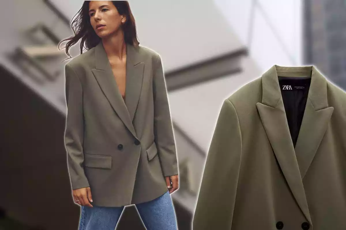 Modelo de Zara con blazer oversize color khaki