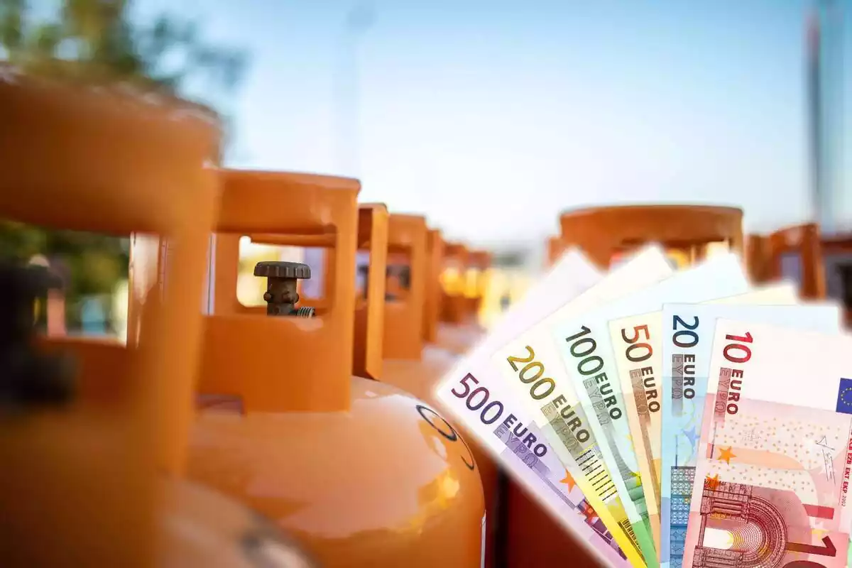 Montaje de bombonas de butano en fila y billetes de euro