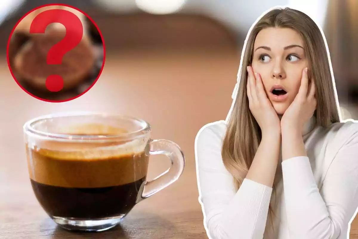 Imagen de fondo de un café en taza de cristal, junto a otra de una imagen de cacao borrosa con un interrogante delante y otra de una mujer con gesto de sorpresa