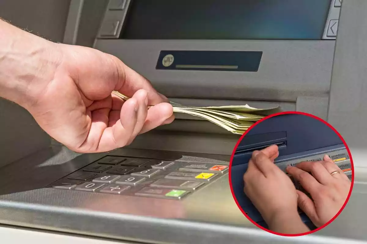 Persona con billetes en cajero automático y círculo rojo con manos tapando pin del cajero