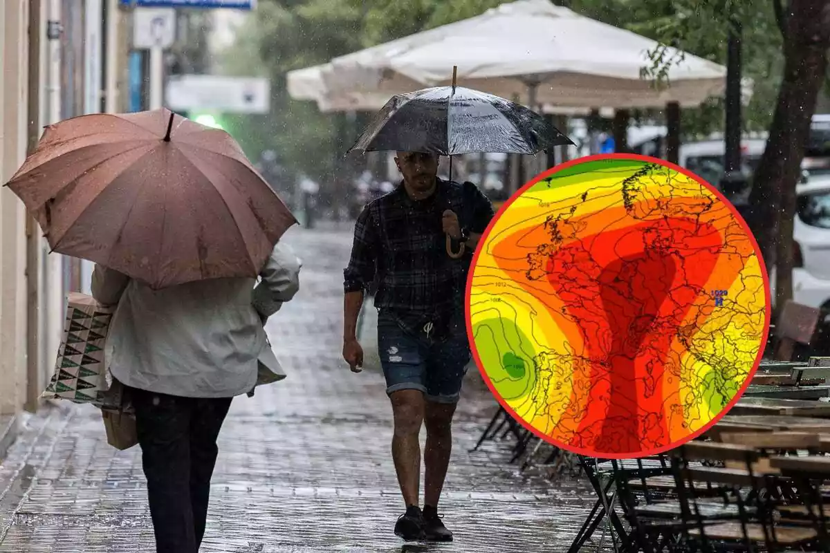 Montaje de una calle con dos personas con paraguas porque está lloviendo y un mapa meteorológico