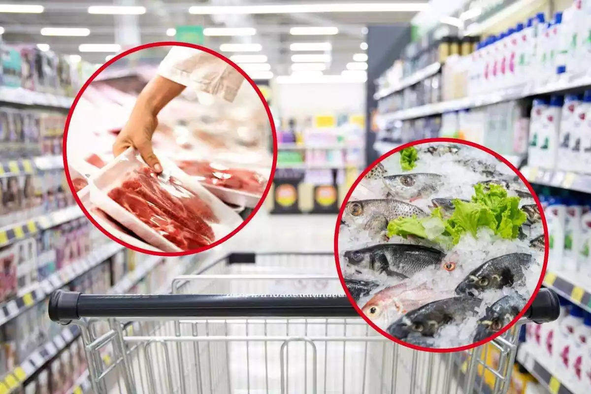 Montaje de supermercado con bandeja de carne y al lado pescado fresco