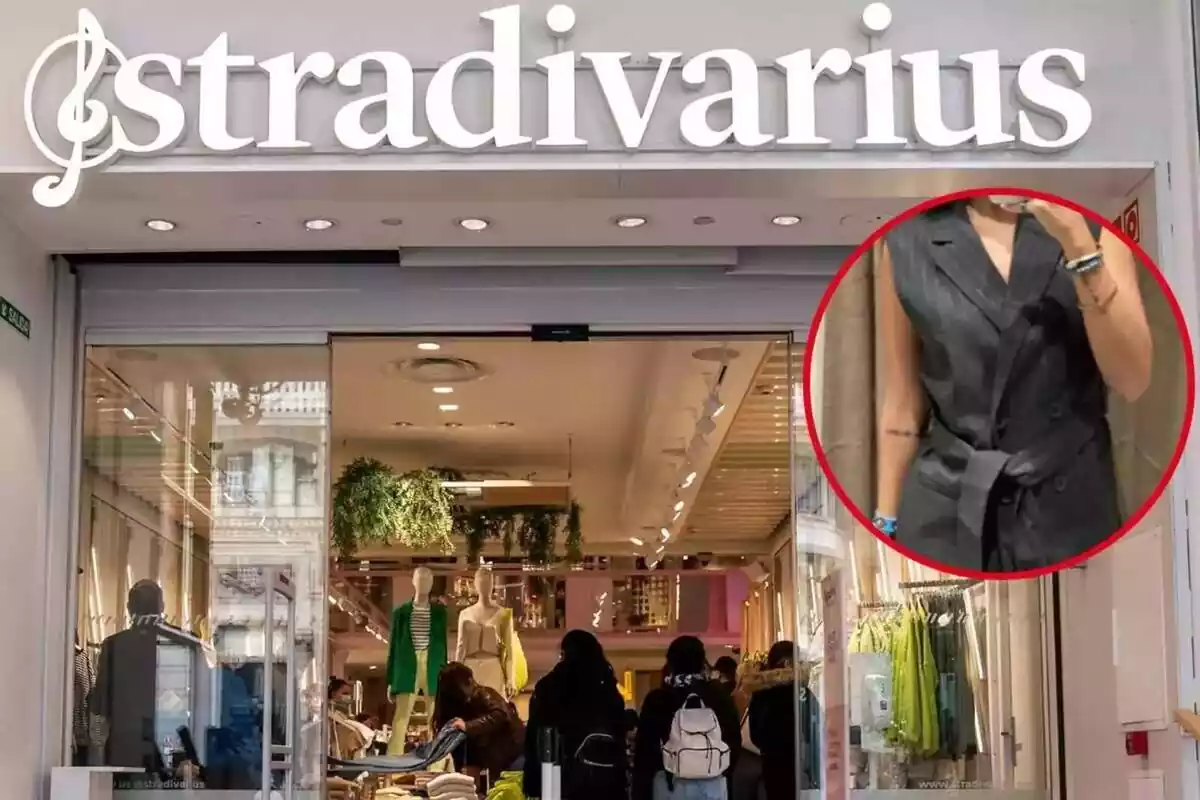 Imagen de fondo de una tienda Stradivarius y otra de una persona posando con un chaleco largo de la misma marca