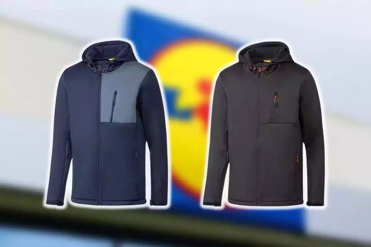 Montaje con el logo de Lidl de fondo y los dos modelos de la chaqueta Softshell con bolsillo pectoral para hombre