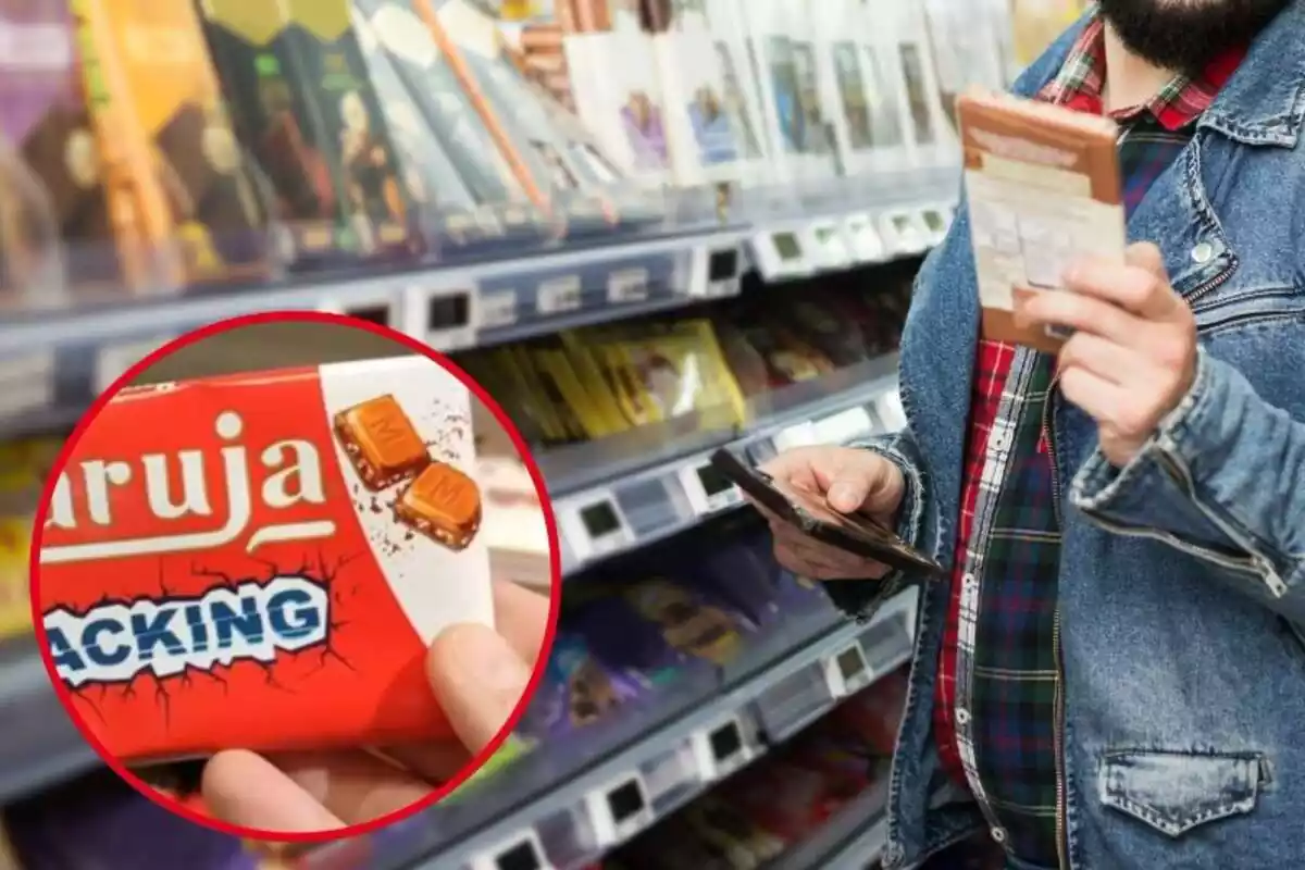 Imagen de fondo de una persona comprando en un supermercado y otra de un chocolate de la marca Maruja