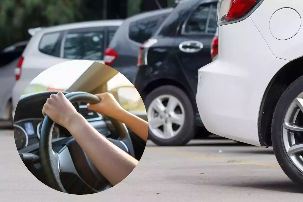 Imagen de fondo de varios coches aparcados y otra imagen de las manos de una persona al volante de un coche