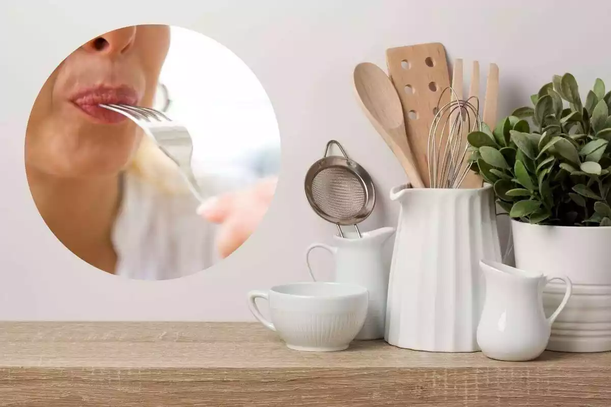 Background image of wooden surface with kitchen tools on top and sides, image of a woman eating with a fork in her mouth