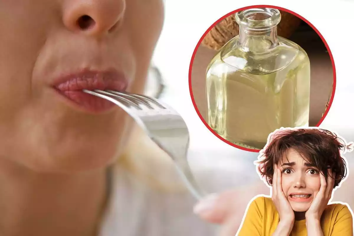Imagen de fondo de una persona comiendo y otra de aceite de coco en un bote de cristal y de una chica sorprendida