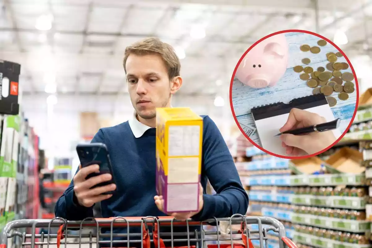Hombre mirando el móvil en el supermercado mientras coge un paquete de cereales y una imagen destacada de una mano escribiendo en una libreta con una hucha al lado