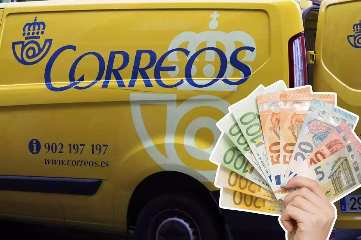 Una imegn de una furgoneta de Correos de fondo y otra imagen de una mano con billetes de euro