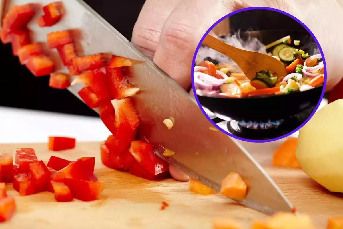 Man cutting vegetables and violet rings in frying pan