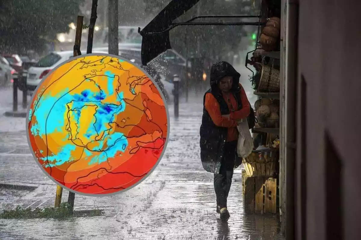 Montaje de una señora por la calle en medio de la lluvia y una redonda con un mapa meteorológico