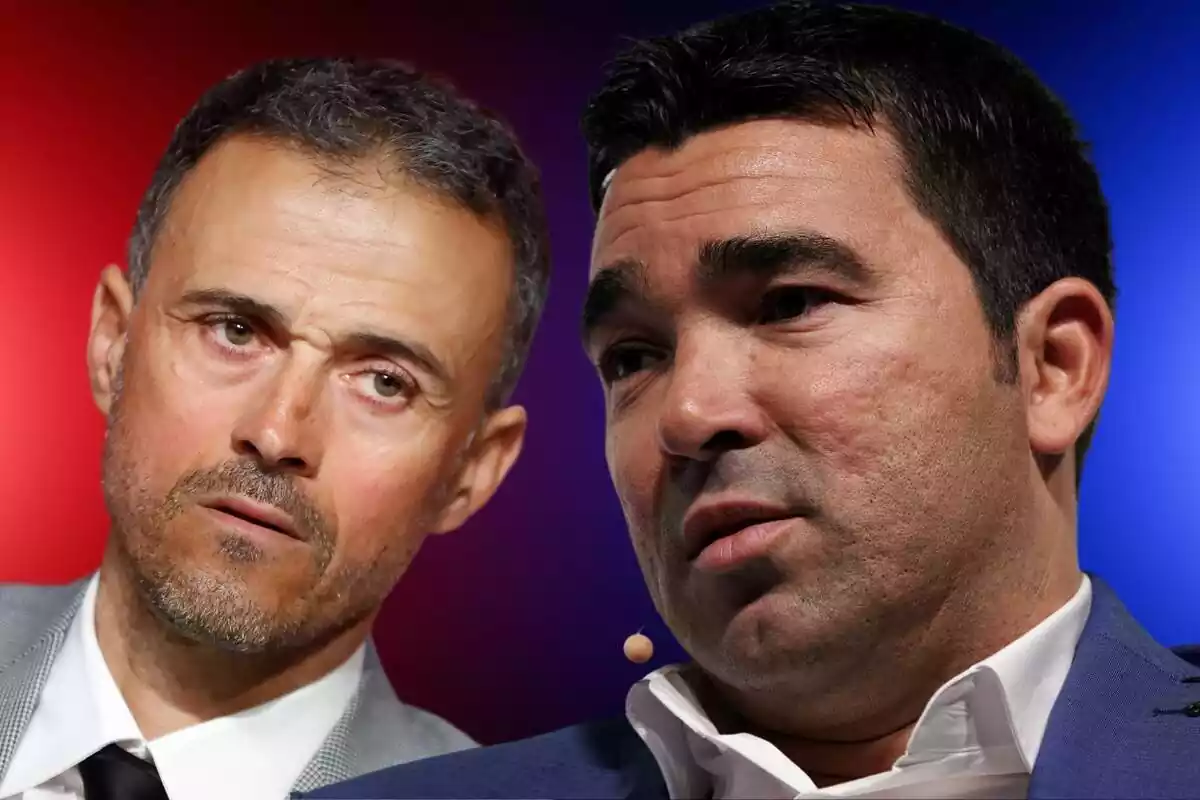 Deco mira a un costado pensativo con Luis Enrique haciendo lo mismo sobre un fondo azul y rojo Deco mira a un costado pensativo con Luis Enrique haciendo lo mismo sobre un fondo azul y rojo